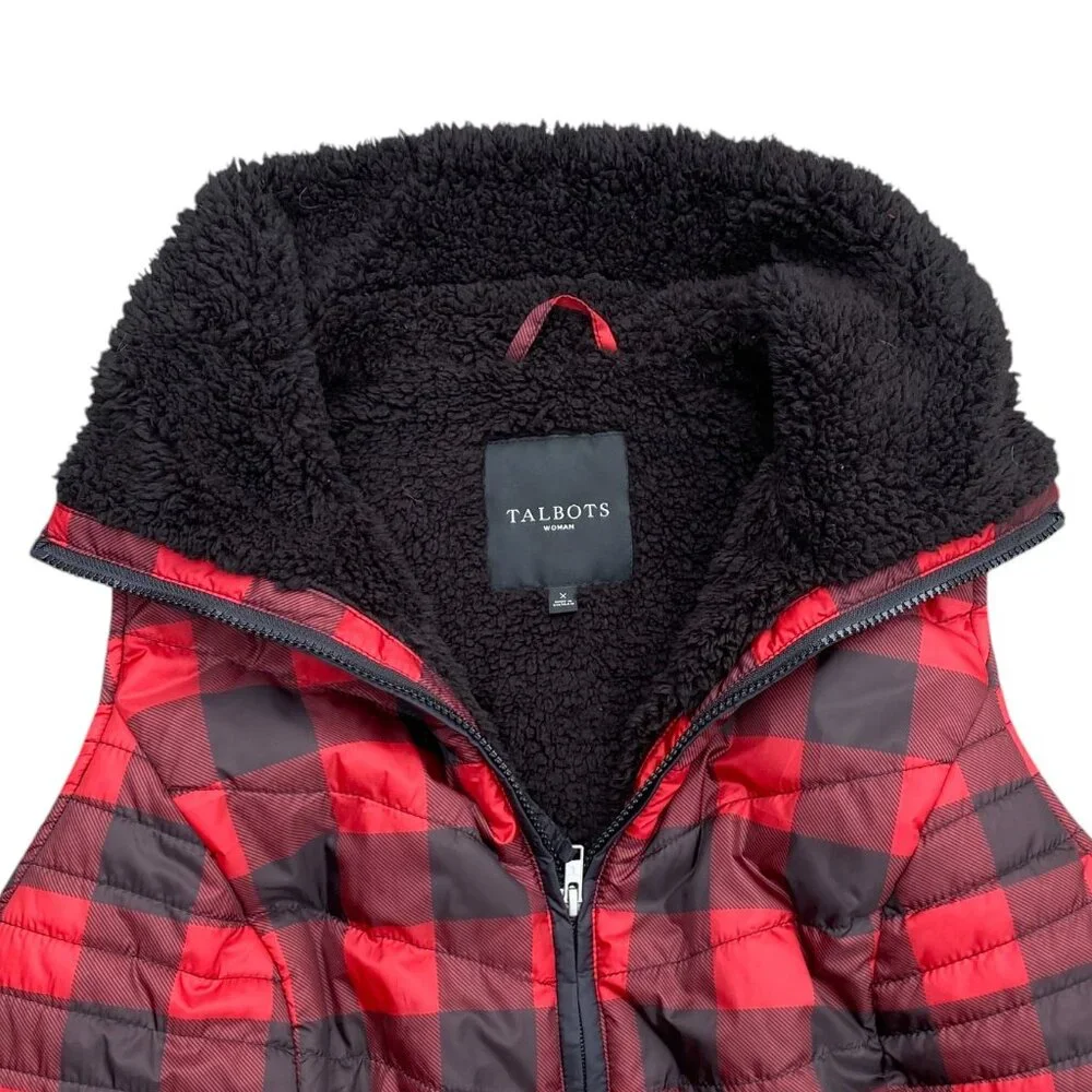 Talbots Quilted Sherpa Lined Buffalo Plaid Vest Country Cabin Outdoor HIking-X - Picture 2 of 16